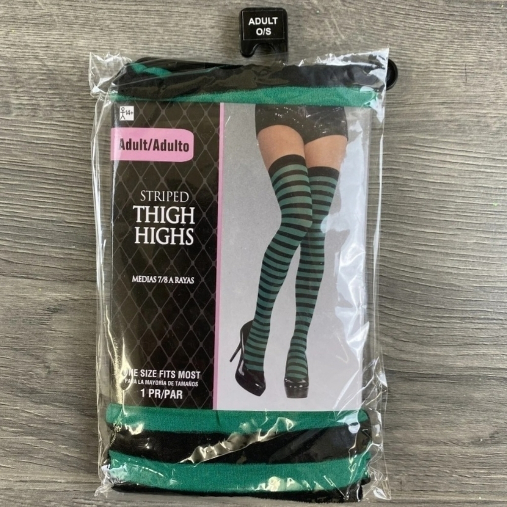 NWT Striped Thigh Highs Green Black OS Adult Halloween Costume Witch St. Patrick